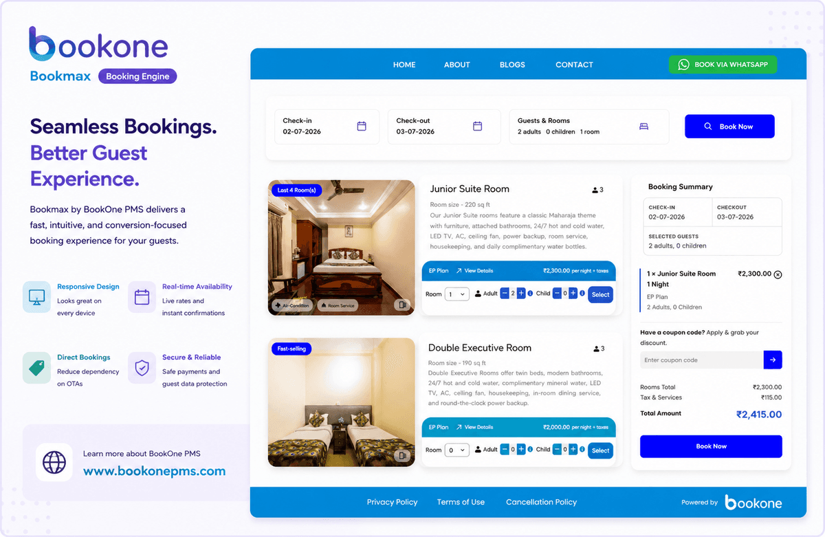 BookMax booking widget on hotel website desktop view