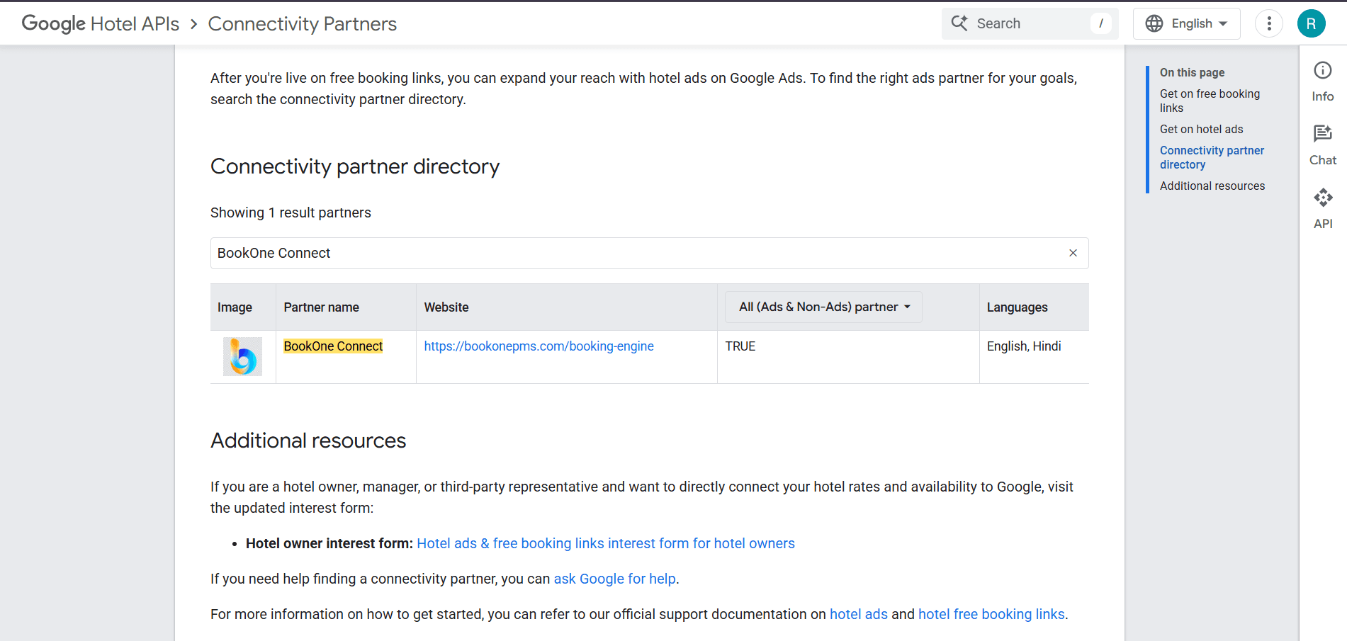 Google Hotel APIs Connectivity Partner Directory Listing for BookOne Connect