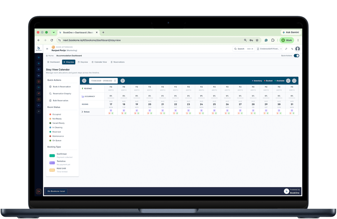 BookOne Homestay PMS property management dashboard screenshot showing reservations calendar and analytics
