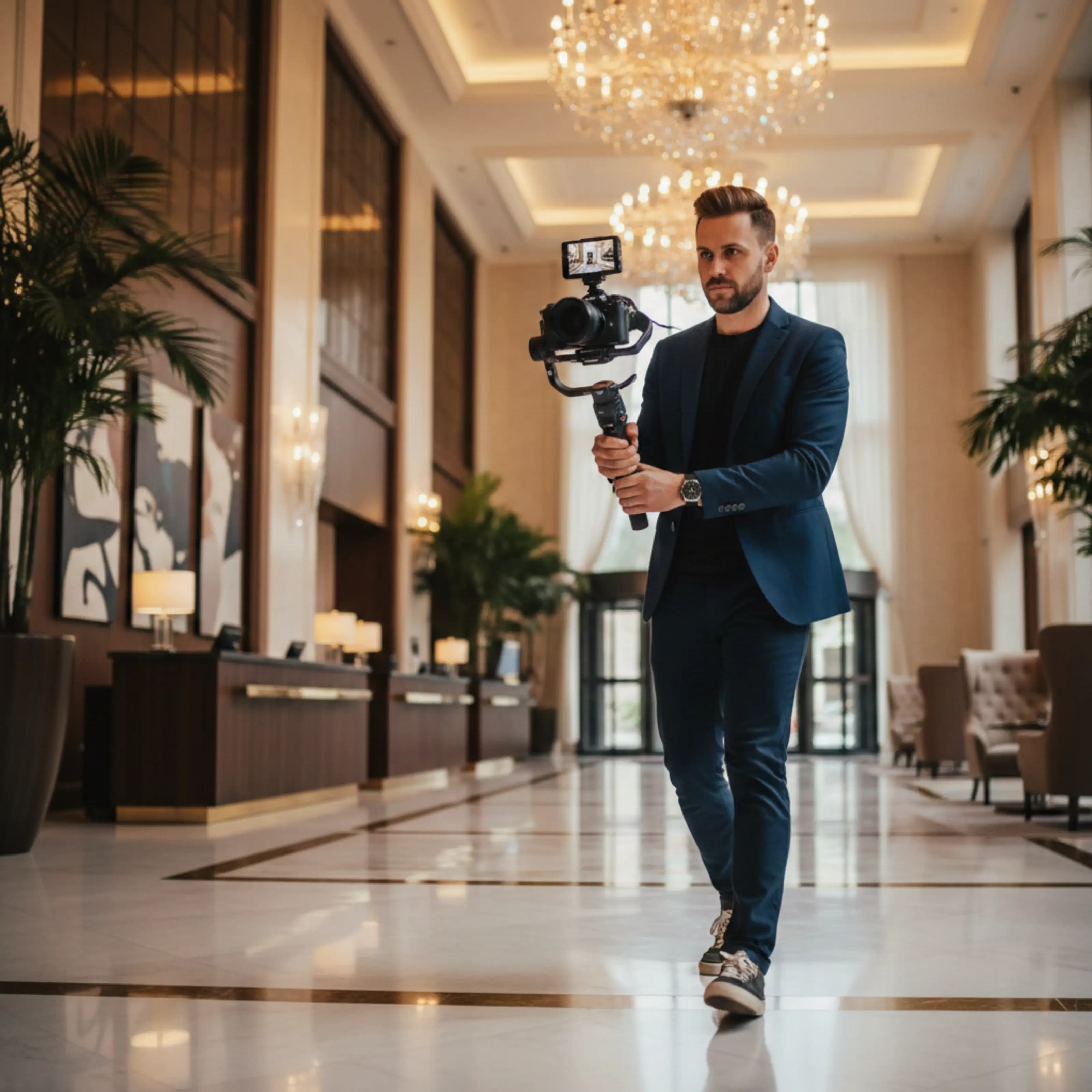 Cinematic hospitality videography of a luxury hotel lobby in India being shot with a handheld gimbal and DSLR steadycam.